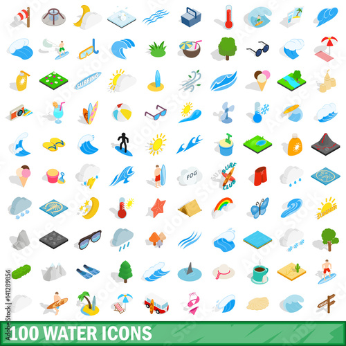 100 water icons set, isometric 3d style