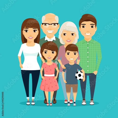 Strong family. All family members are holding hands with each other. Mom and dad, children and grandparents. Happy family.
