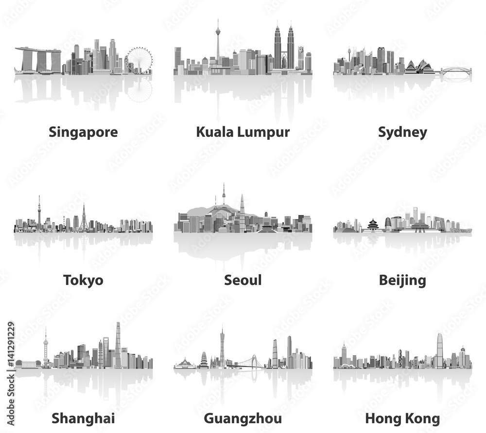 vector illustrations of Singapore, Kuala Lumpur, Sydney, Tokyo, Seoul, Beijing, Shanghai, Guangzhou and Hong Kong skylines