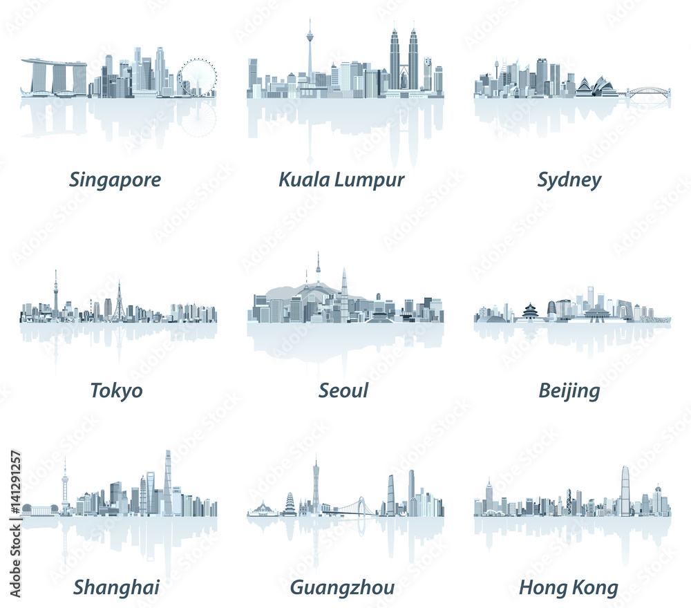 vector illustrations of Singapore, Kuala Lumpur, Sydney, Tokyo, Seoul, Beijing, Shanghai, Guangzhou and Hong Kong cities skylines