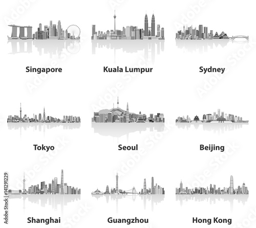 vector illustrations of Singapore, Kuala Lumpur, Sydney, Tokyo, Seoul, Beijing, Shanghai, Guangzhou and Hong Kong skylines