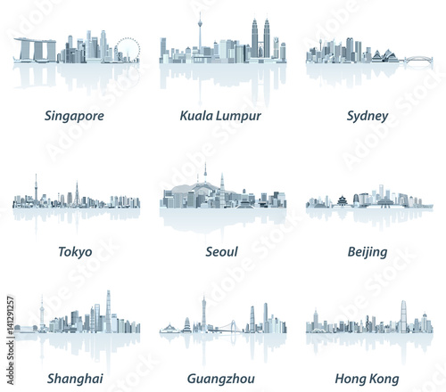 vector illustrations of Singapore, Kuala Lumpur, Sydney, Tokyo, Seoul, Beijing, Shanghai, Guangzhou and Hong Kong cities skylines