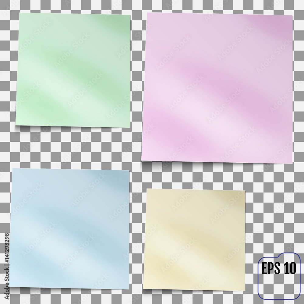 Collection of colored adhesive notes on transparent background. Vector
