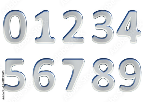 et of 3D rendered numbers, 0-9. Silver glossy, isolated in white background.