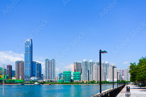 Office and apartment buildings and waterfront promenade with blue sky as a background and copy space