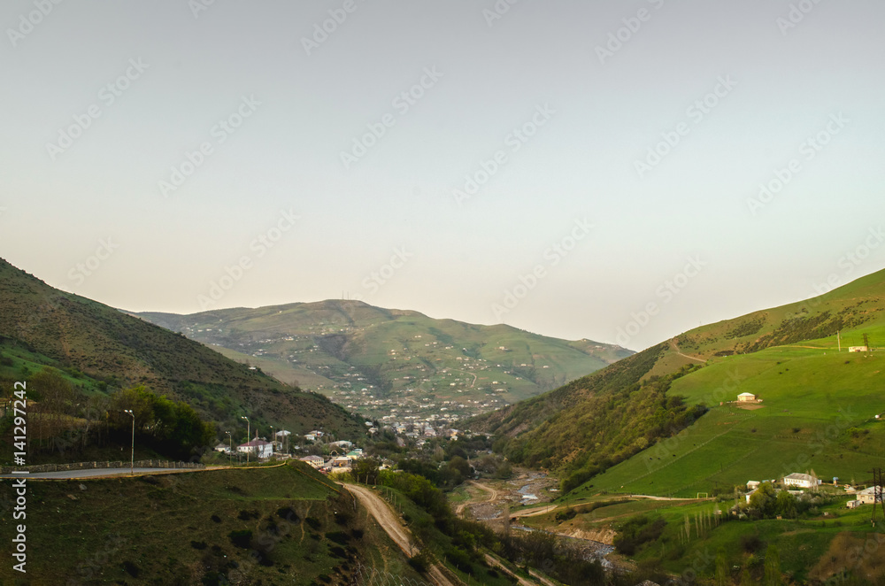 Fototapeta premium Beautiful landscape in the mountains with the sun at dawn. Mountains at the sunset time. Azerbaijan, Talish Mountains. Yardimli Masalli