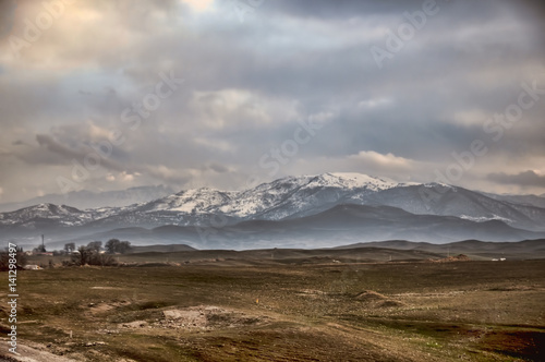 Majestic sunset in the mountains landscape. Dramatic sky clouds. Azerbaijan  Gazakh Big Caucasus