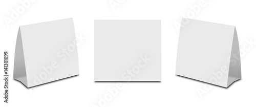 Blank White Table Tent on white. Paper vertical cards isolated on white background. Front, left and right view. © OB production