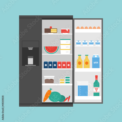 Opened modern refrigerator full of food
