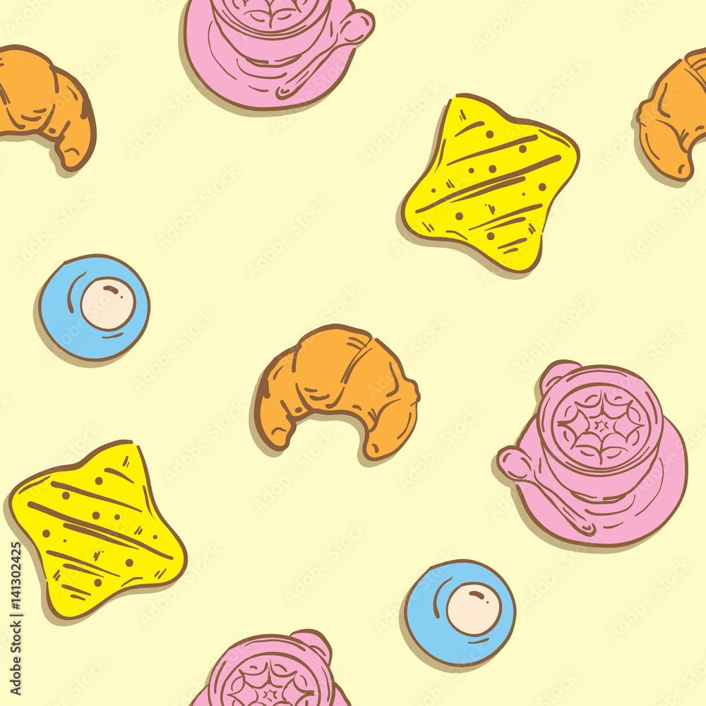 pattern food Fried egg bread Croissant coffee drawing graphic design illustrate objects background