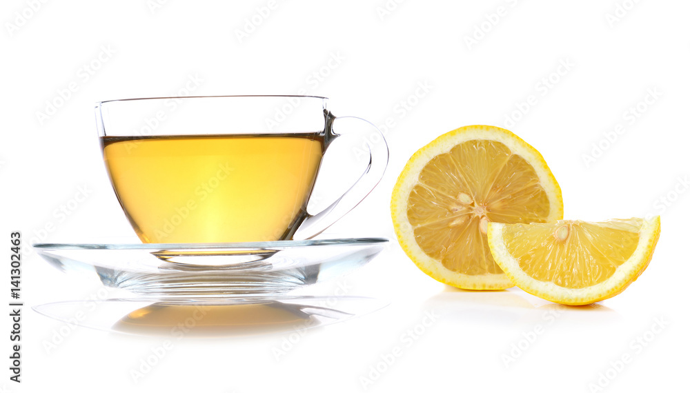 A cup of tea and lemons isolated on white background. A cup of tea and lemons isolated on white background.