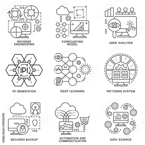 Modern contour icons database processing methods of data.  Data science, programming technology, deep learning algorithm. The thin contour lines.
