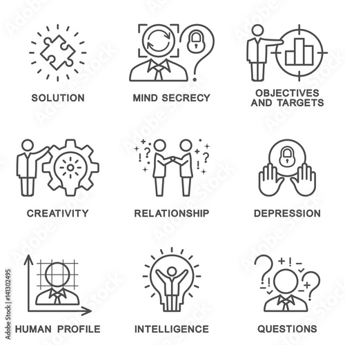 The collection icons human personality psychology. Mental abilities, behavior. Vector illustration concept. The thin contour line. Flat design web graphics elements.