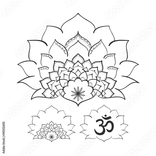 Om symbol with hand drawn mandala and Lotus. Set of oriental ornaments for greeting card, invitation, yoga poster, coloring book.