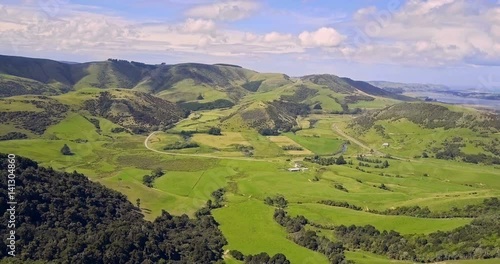 Aerial view of Green hills and valleys of the South Island, New Zealand