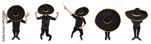 Funny man wearing mexican sombrero hat isolated on white photo