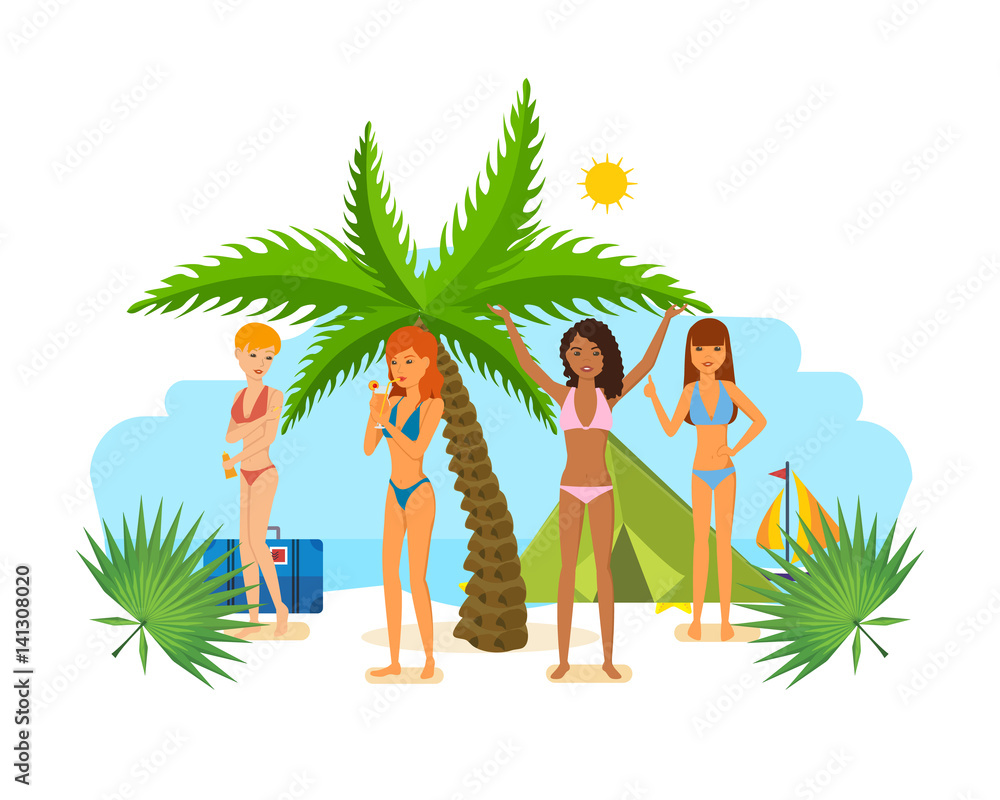 Young woman in bikini sunbathe in the summer in tropics.
