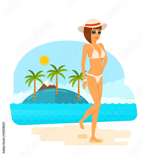 Young tanned girl in beautiful underwear resting on tropics.