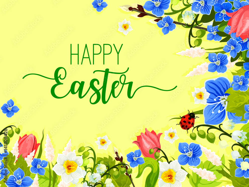 Easter spring flowers wreath vector greeting card Easter spring flowers wreath vector greeting card