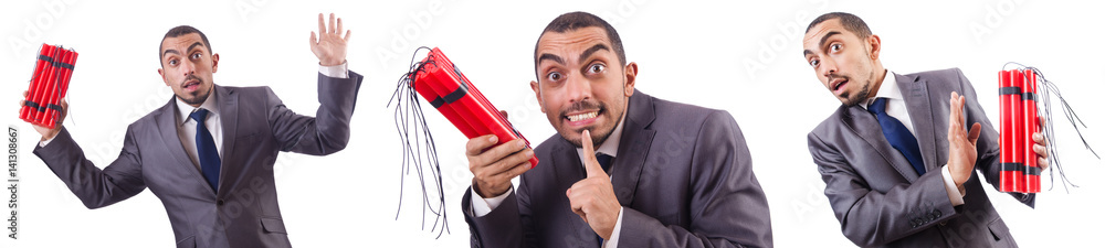 Businessman with dynamite isolated on white Businessman with dynamite isolated on white