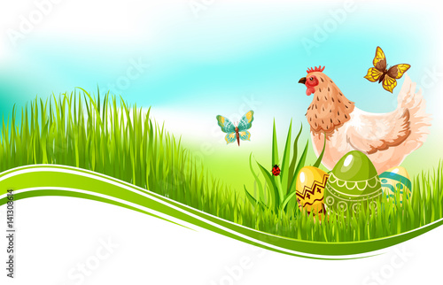 Easter vector template of paschal eggs and chicken