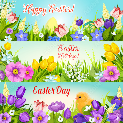 Easter banners paschal egg, flowers vector set