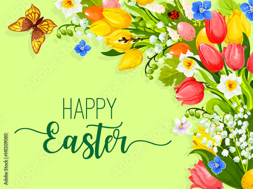 Easter paschal flowers wreath eggs vector greeting
