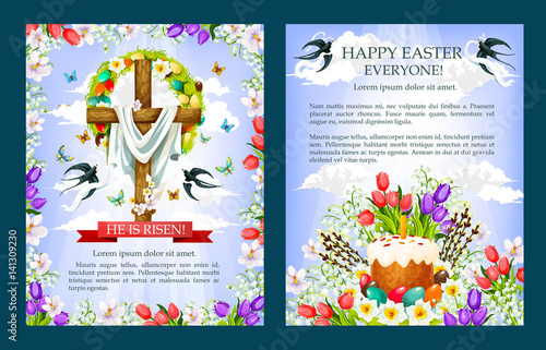 Easter vector crucifix cross, paschal cake poster