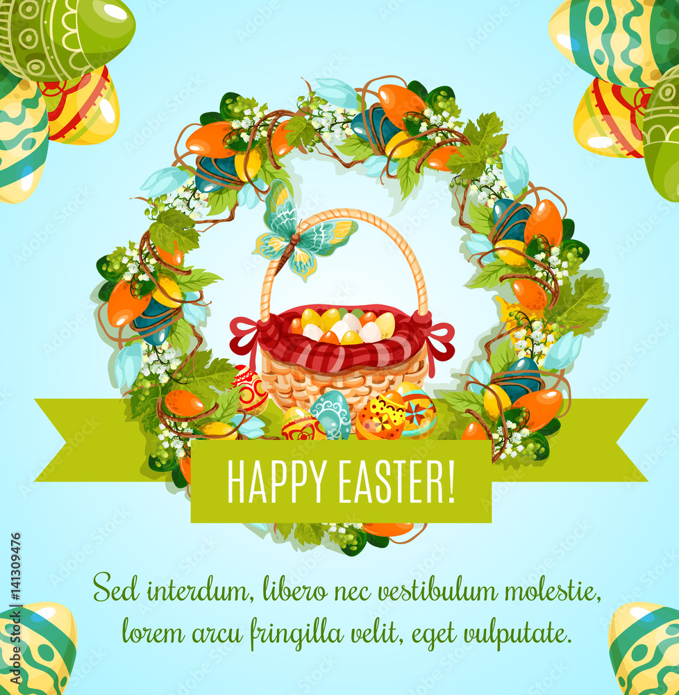 Fototapeta premium Easter egg hunt basket with flowers greeting card