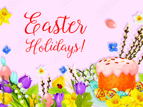 Easter paschal cake egg, willow flower vector card