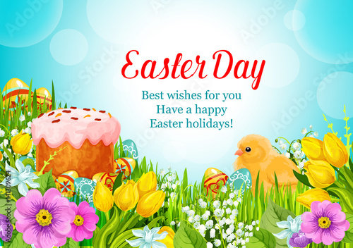 Easter vector greeting paschal cake, eggs, flowers