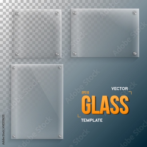 Illustration of Realistic Vector Glass Frame Template Set. EPS10 Vector Plastic Plate Set Isolated on Transparent Background