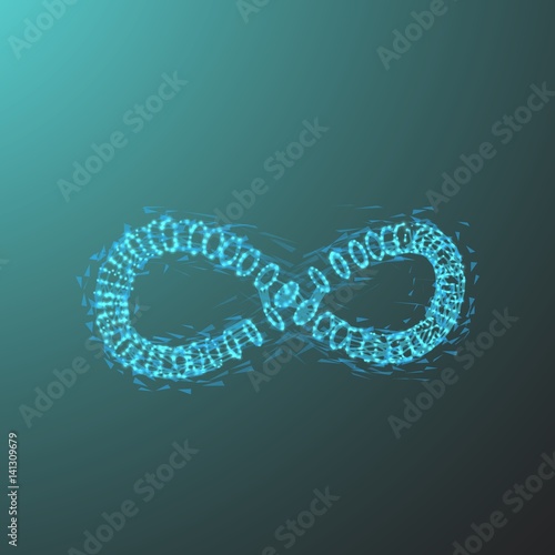 Illustration of Vector Infinity Symbol. Futuristic Technology Wireframe Mesh Background Made from Polygons, Flares and Particles