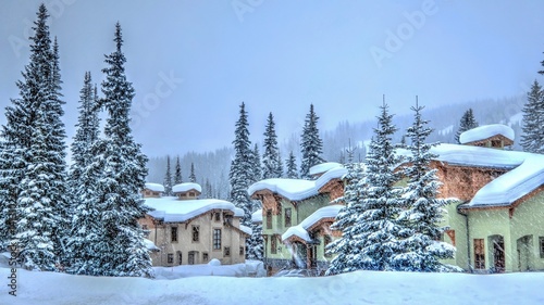Ski resort on snowy day. Cozy village of Sun Peaks near Kamloops. British Columbia. Canada.