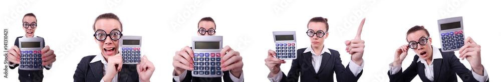 Nerd female accountant with calculator Nerd female accountant with calculator