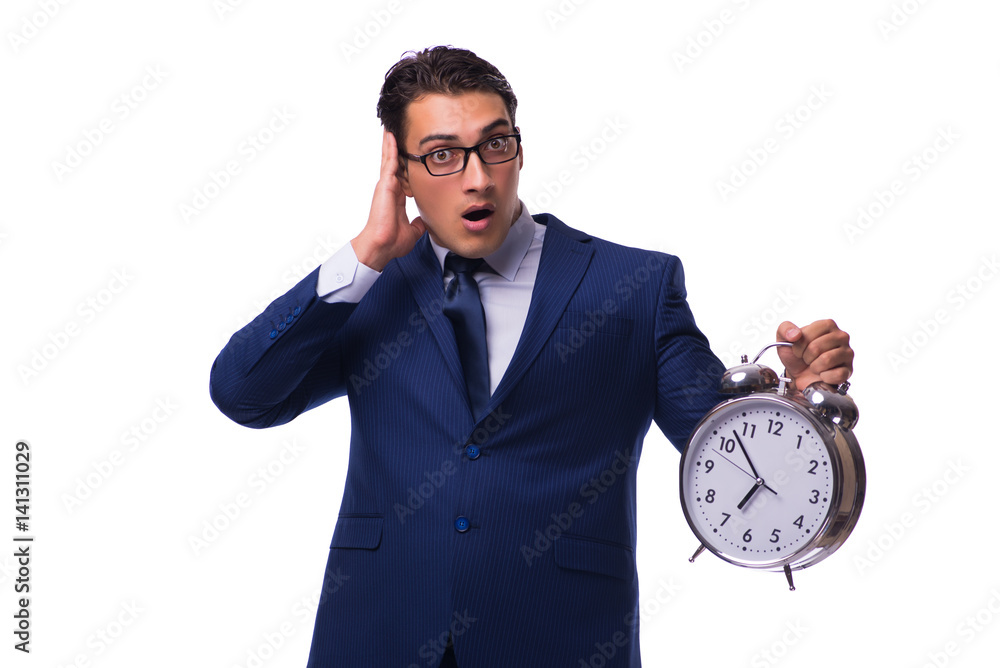 Businessman with alarm clock isolated on white Businessman with alarm clock isolated on white