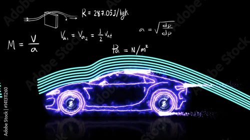 Seamless car animation of Aerodynamics theory and physics mathematical formula equation. Car model with doodle engineering education used for academic presentation background in 4k.