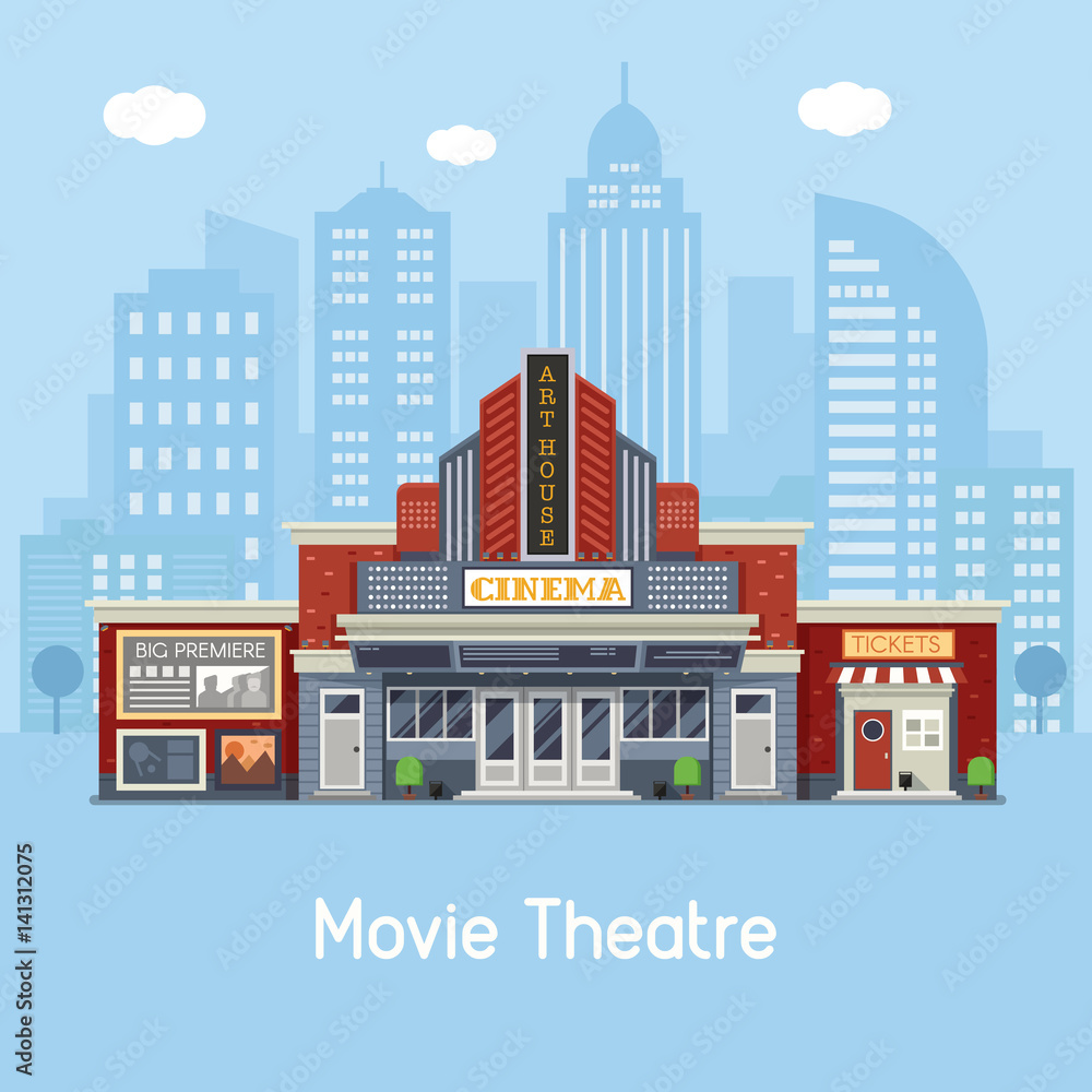 Modern cinema building facade with sign boards and ticket office on downtown background. Movie theater exterior vector illustration. Web banner with city culture and entertainment landmark.
