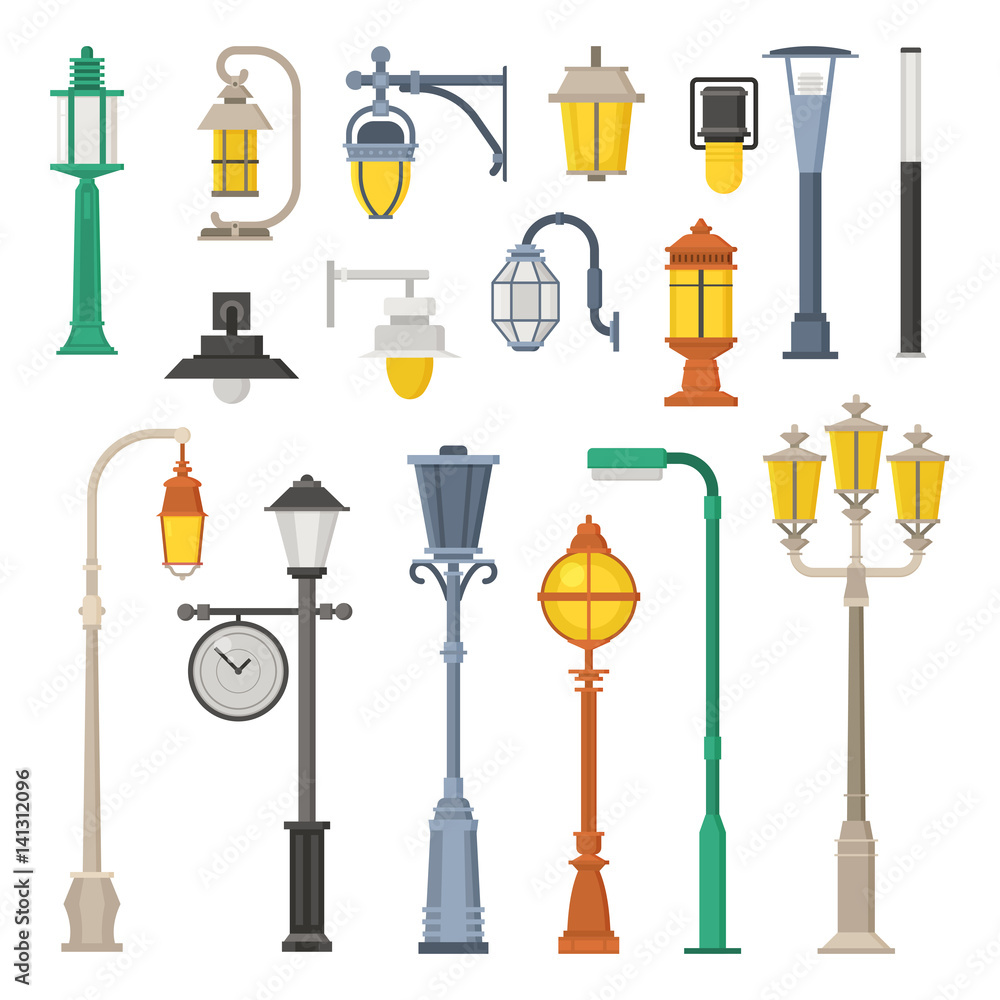 Collection of different street lights and lanterns icons. City lamp post  and lamp pole set in flat design. Modern and retro park lightings vector  illustrations. Stock Vector | Adobe Stock