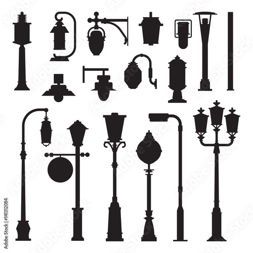 Collection of different street lights and lanterns outline icons. City lamp post and lamp pole silhouettes set in flat design. Modern and retro park lightings vector illustrations.