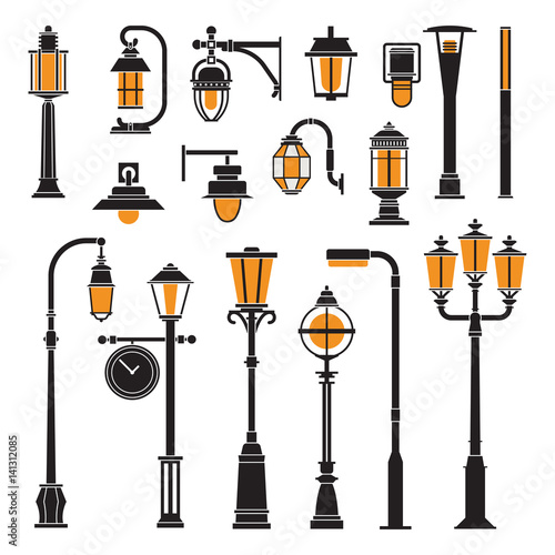 Collection of different street lights and lanterns outline icons. City lamp post and lamp pole silhouettes set in flat design. Modern and retro park lightings vector illustrations.