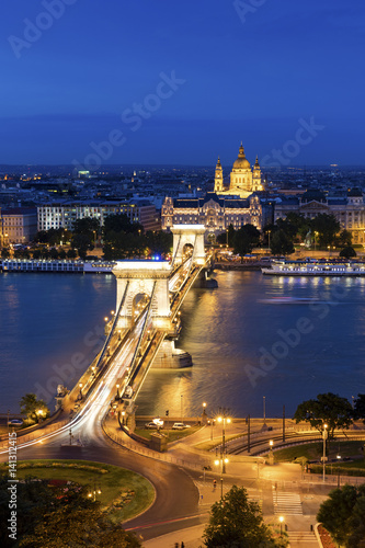 Chain Bridge at dusk in Budapest city