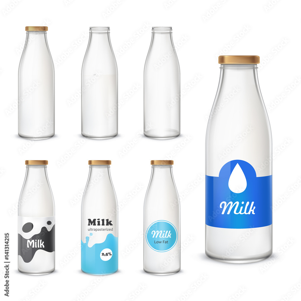 Set of vector icons glass bottles empty and with a milk in a realistic style. Milk bottles with different label patterns isolated on white background Set of vector icons glass bottles empty and with a milk in a realistic style. Milk bottles with different label patterns isolated on white background