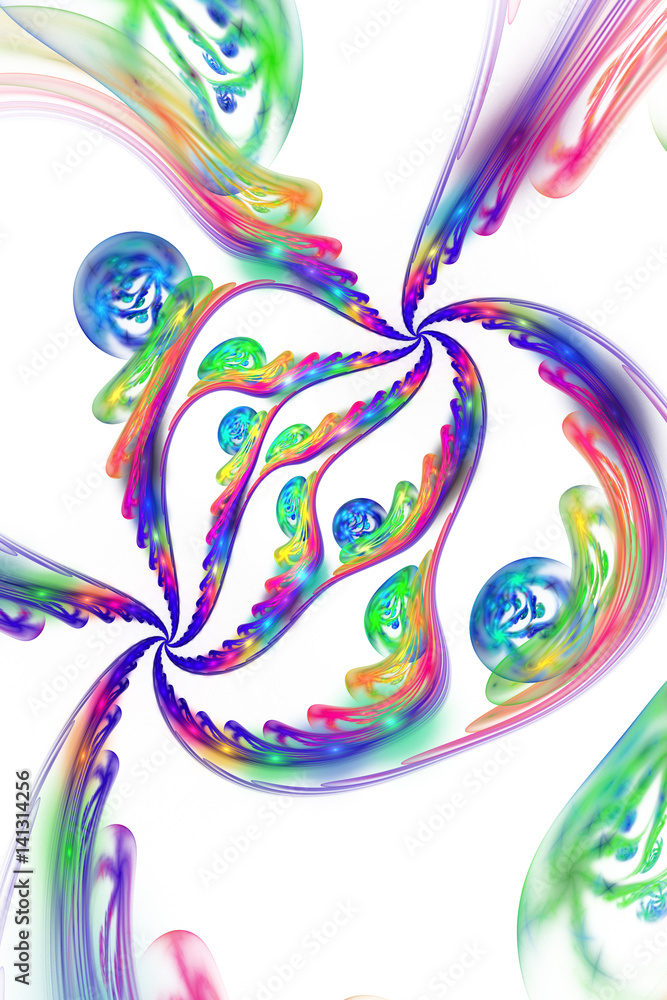 Abstract rainbow shapes on white background. Fantasy fractal design. Psychedelic digital art. 3D rendering.