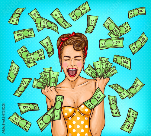 Vector pop art illustration of an enthusiastic young sexy girl standing in the rain out of cash bills. Advertising poster for the announcement of discounts and sales in the style of pop art