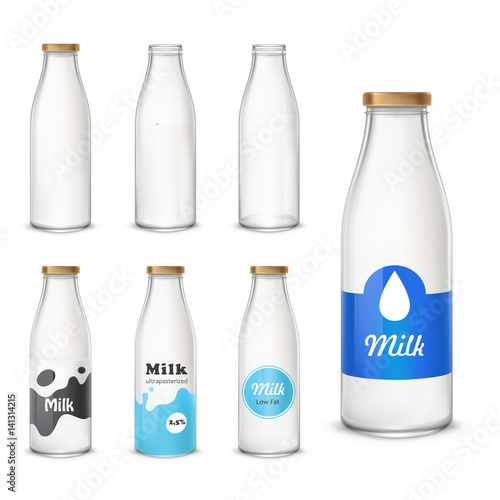 Set of vector icons glass bottles empty and with a milk in a realistic style. Milk bottles with different label patterns isolated on white background