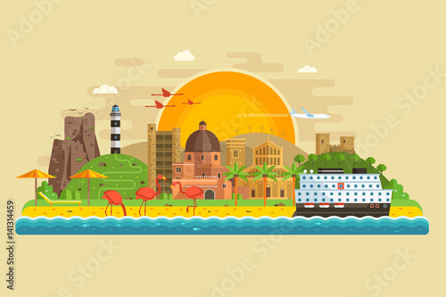 Travel summer island landscape in flat design inspired by Cagliari, Sardinia. Sunset at seaside background with green hills, lighthouse, sand beach, ancient city, pink flamingos and cruise ship.
