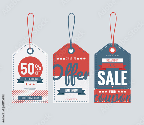 Vector illustration. Set of price tags, sale coupon and voucher for store promotions.