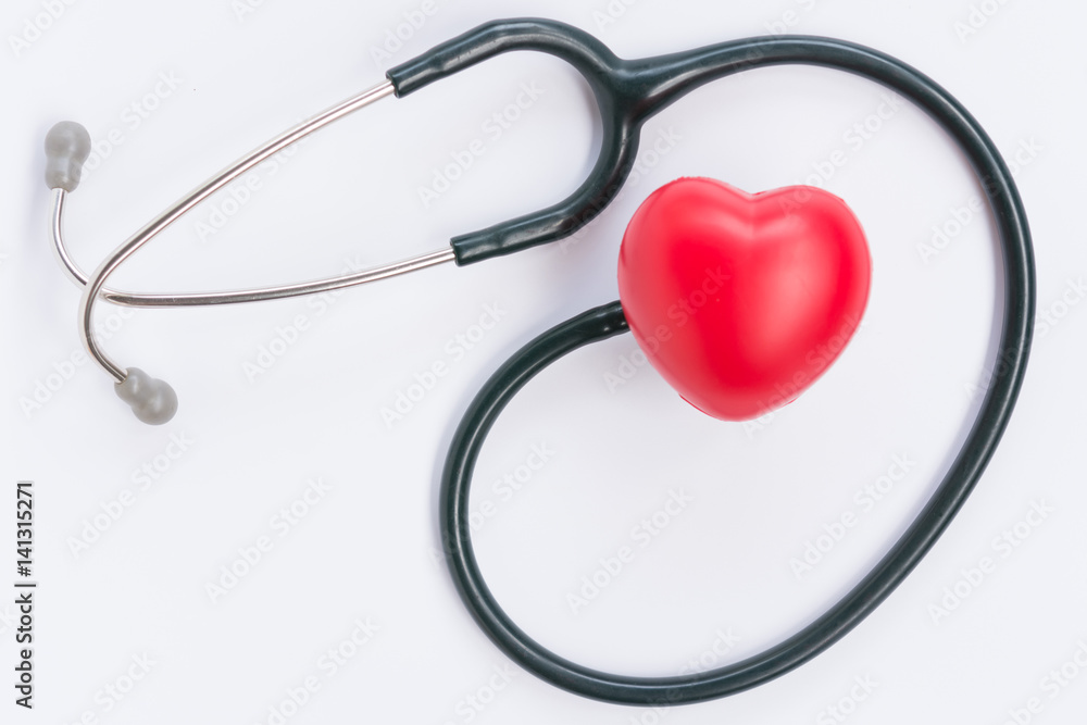Stethoscope with red heart on isolated.Concept for health and Top view Stethoscope with red heart on isolated.Concept for health and Top view