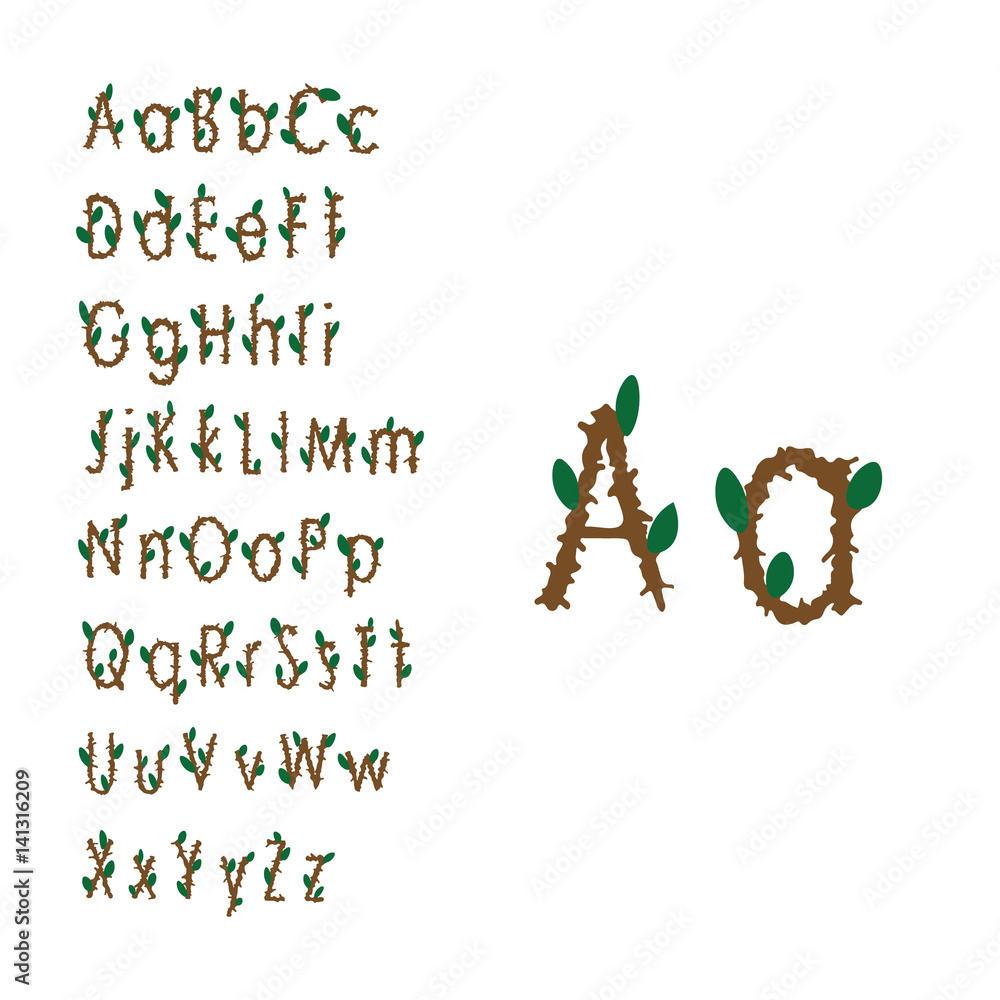 Spring letters of the alphabet. Twigs with leaves.